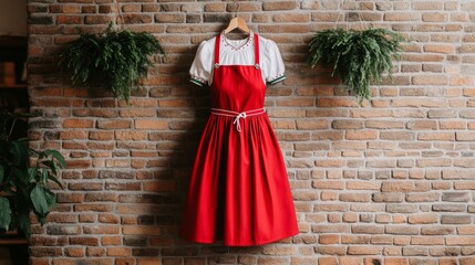 Wall Mural - Woman's dirndl paired with a soft blouse and matching apron hanging against a brick wall Oktoberfest fashion 