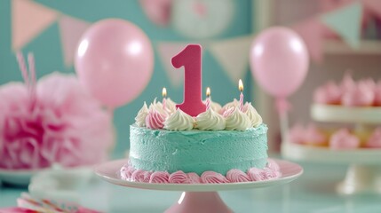 number 1 candle on a first year birthday cake celebration with balloons and party decoration as banner