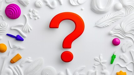 Poster - Red question mark surrounded by white abstract shapes on a white background.