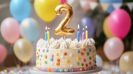 number 2 candle on a second year birthday cake celebration with balloons and party decoration as banner