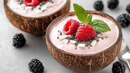 Wall Mural - Two coconut bowls with berries and cream are topped off by a spoon, AI