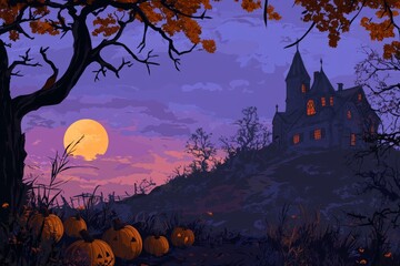 An eerie Halloween mansion with glowing pumpkins.