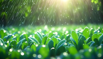 Wall Mural - Illuminated bulb surrounded by raindrops on leaves, creating a serene atmosphere