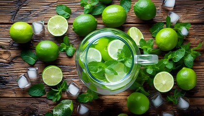 Wall Mural - Refreshing summertime arrangement of a wooden table featuring a pitcher of water adorned with limes and vibrant mint leaves