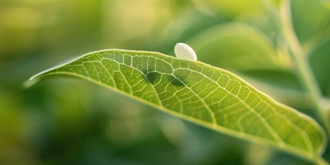 Wall Mural - Close-up of a vibrant green milkweed leaf showcasing a single minute white butterfly egg, captured with a shallow depth of field.