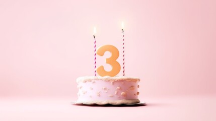 number 3 candle on a third year birthday cake celebration with balloons and party decoration as banner