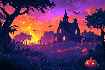 It's Halloween time with a haunted house, pumpkins, and a full moon.