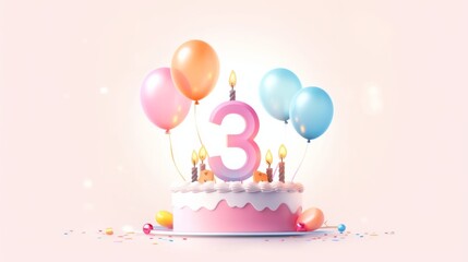 number 3 candle on a third year birthday cake celebration with balloons and party decoration as banner