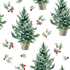 Wall Mural - christmas seamless pattern, green fir trees in the pots, holly twigs with red berries, white backgro