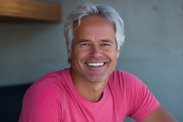 Poster - Portrait of a smiling man with gray hair wearing a pink t-shirt.