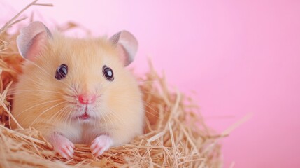 Poster - A small hamster sitting in a nest of hay on pink background, AI