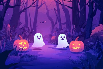 In a spooky forest, two friendly ghosts and three Jack-o-Lanterns hang out