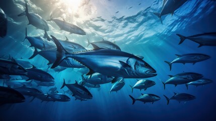 Wall Mural - A breathtaking underwater photograph capturing a school of bluefin tuna swimming gracefully through sunlit ocean waters.