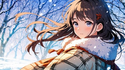 Beautiful anime girl on a winter forest background. Snow, snowflakes. Seasonal wallpaper.