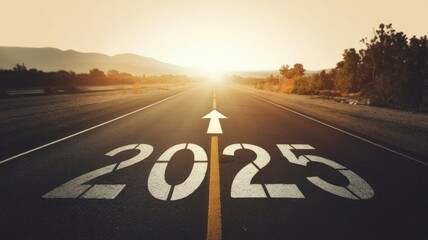 number  2025 on asphalt road highway. concept of destination in future, freedom, work start, run, planning, challenge, target, go, start, new year