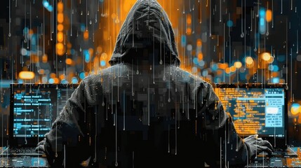 A hooded figure sits at dual laptops coding amidst a rainy urban environment at night