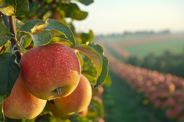 Close-up of red apples with water droplets on a tree branch.