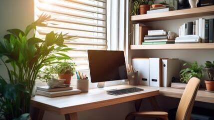 A cozy home office bathed in sunlight, featuring a wooden desk, computer, potted plants, and bookshelves creating a serene and productive workspace.