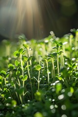 vertical macro image of fresh microgreens sprouts growing on sunlight on blurred background