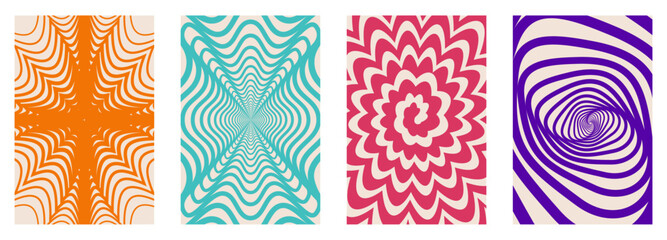 Leinwandbilder - Abstract twisted and distorted texture. Groovy hippie backgrounds set. Wave, swirl, twirl pattern in trendy retro psychedelic style. Y2k aesthetic. Vector illustration