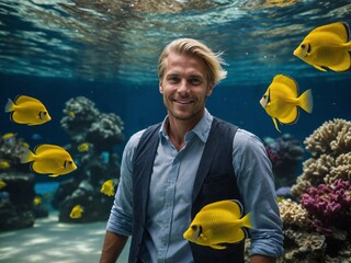 Middle-aged Caucasian man with short blonde hair wearing blue button-up shirt, surrounded by yellow tropical fish in underwater coral reef environment