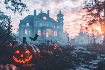 The glow of Jack-O-Lanterns at sunset against the backdrop of a haunted house