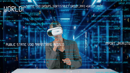 IT developer analyzing intelligent website development coder system running data by VR glasses screen innovation interface digital infographic network technology visual hologram server. Contraption.