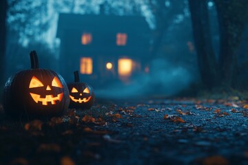 Autumn leaves and glowing Jack-o-lanterns with a blurred haunted house in the background