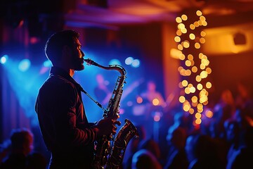 profile view man playing saxophone on stage with bright concert lighting and smoke