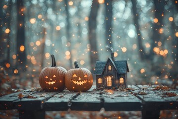 In the background, a blurry Haunted House and Forest is surrounded by lighted Jack-o'-Lanterns