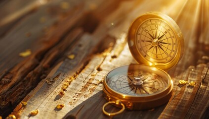 Golden compass on an old wooden table, pointing towards the north with sunlight shining through, resting on a textured surface, illuminated by warm light, symbolizing exploration and navigation