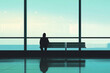 © alexandr - Silhouette of a person sitting alone on a bench in front of large windows, looking outside