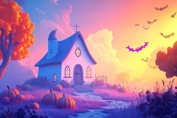 In the midst of a fiery sky, a haunted house and Jack-O-Lanterns go hand-in-hand.