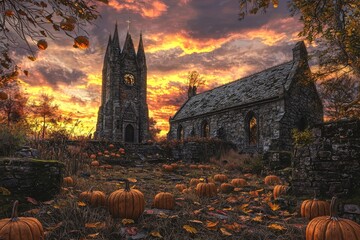 At dusk, a spooky haunted house with Jack-o-Lanterns awaits.