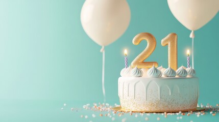 number 21 candle on a twenty- first year birthday cake celebration with balloons and party decoration as banner