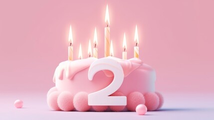 number 2 candle on a second year birthday cake celebration with balloons and party decoration as banner