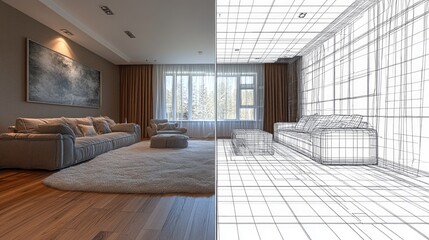 A spacious modern room transformed into a 3D wireframe, showcasing stylish furniture and a creative design process