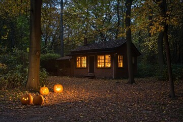 There is a Jack-o'-Lantern glowing with a candle on a path that leads to a blurry haunted house