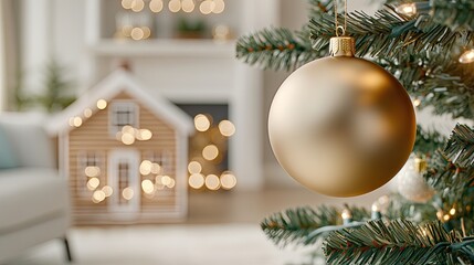 Wall Mural - A close-up of a clear glass Christmas ornament suspended from a tree branch, reflecting warm soft light in a minimalist holiday atmosphere at home