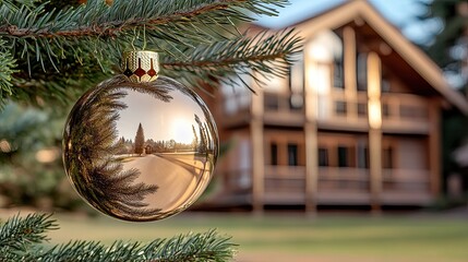 Sticker - A close-up of a clear glass Christmas ornament suspended from a tree branch, reflecting warm soft light in a minimalist holiday atmosphere at home