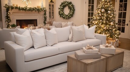 Wall Mural - This inviting Christmas living room showcases a white sofa, a beautifully decorated tree, and a wooden table adorned with gift boxes and candles, creating a festive atmosphere