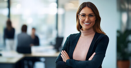 Sticker - Office, businesswoman and portrait with arms crossed for meeting, leadership and positive attitude. Boardroom, colleagues and happy manager with confidence for creative agency, startup and workplace