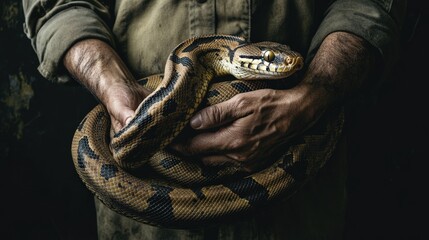 Wall Mural - a reptile handler demonstrates their expertise by holding a large exotic snake with calm precision, 