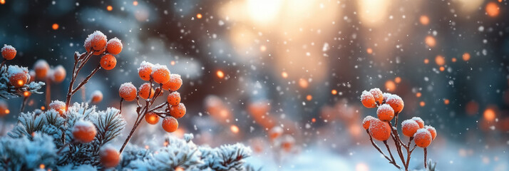 Wall Mural - Frost covered berries. Snowfall, winter sunlight, cold weather. Bokeh background.