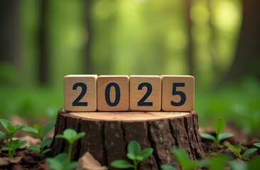 Wooden cubes with numbers 2025 stand on a stump in a green forest. New Year 2025. Ecology concept. Environmental protection.