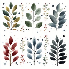 Canvas Print - Colorful botanical illustrations featuring diverse leaf shapes and patterns on white background