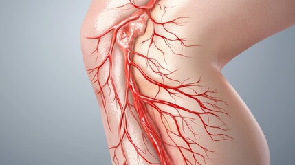 A medical illustration of the circulatory system in a leg with varicose veins, showing how blood pools in the veins due to valve dysfunction.