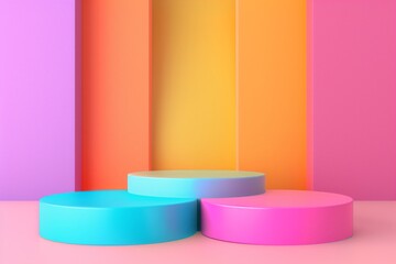 Wall Mural - A colorful room with a white pedestal and two pink and blue balls