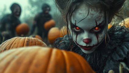 Ethereal halloween portraits. vampire, ghost, and zombie with pumpkins in haunting settings