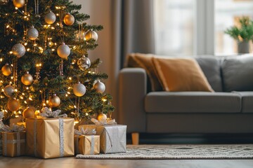 Wall Mural - The living room is decorated with a gold and white Christmas tree